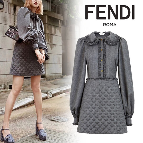 20AW<フェンディ 偽物 フェンディ>グレー フランネル ドレス ワンピース 21031702