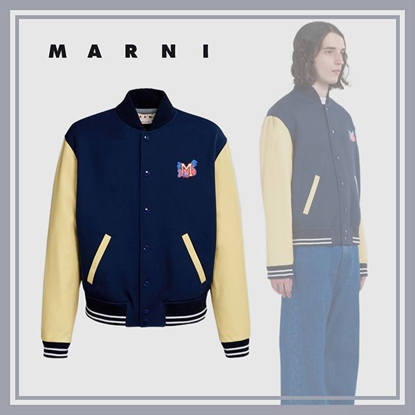 注目!マルニ コピー ウール レザースリーブ ジャケット ブルー 71800B81