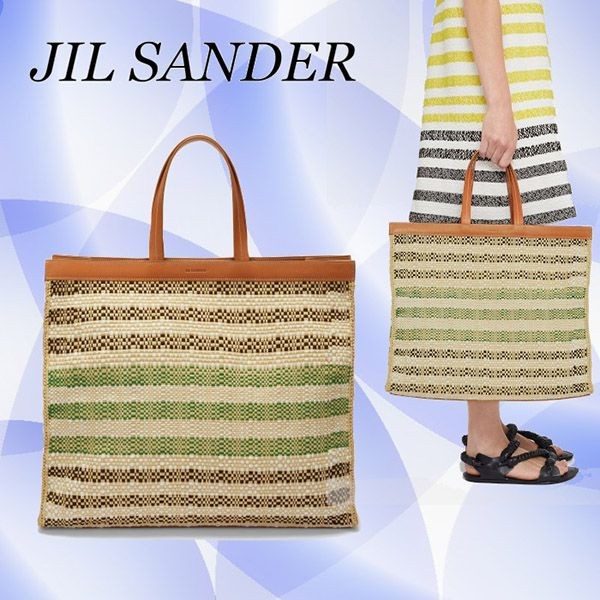 [送料無料]ジルサンダー トートバッグ 偽物 ラフィア ロゴ レザーハンドル J42WD0011-P5414