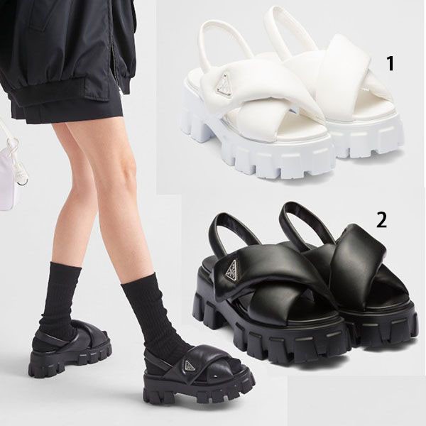 【手元に在庫有】プラダ モノリス パデッド ナッパレザーサンダル 偽物 2色 1X123N_2DL8_F0002_F_055