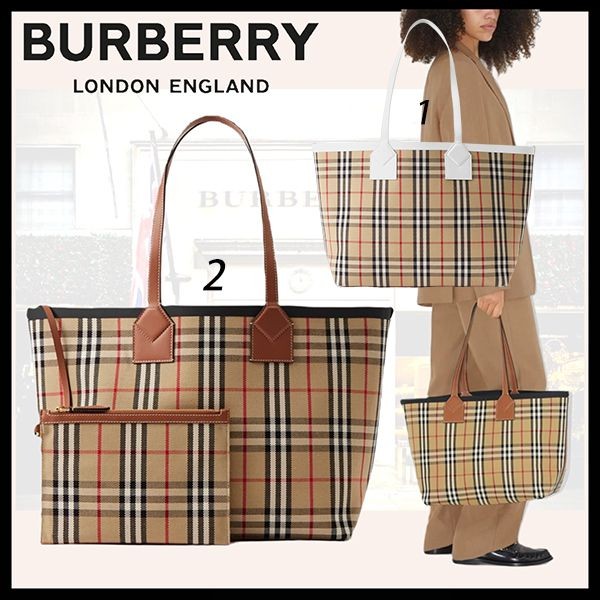 バーバリー チェックコットンミディアムロンドントートバッグ 偽物 2色 80662231