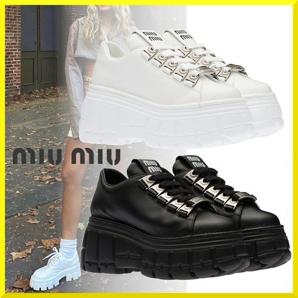 【新デザイン】ミュウミュウ レザー プラットフォーム スニーカー 厚底
