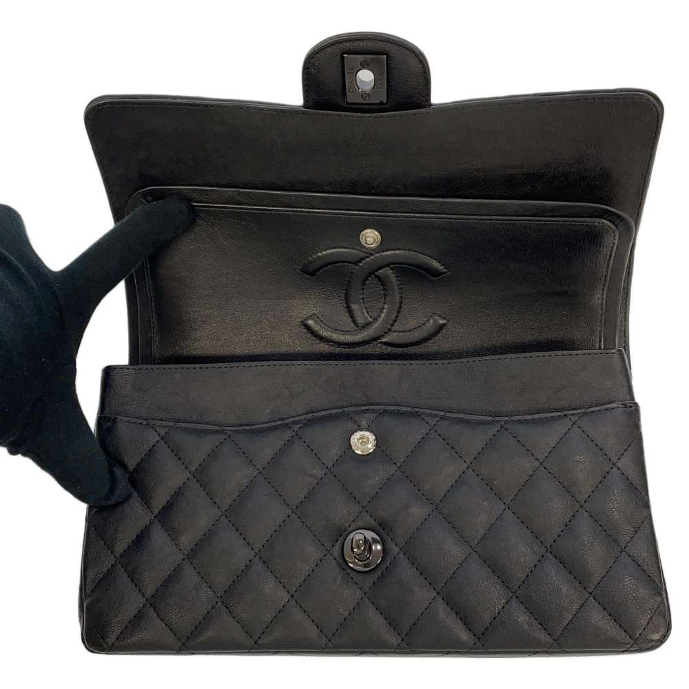 シャネル チェーンショルダーバッグ マトラッセ25 ココマーク カーフレザー ダブルチェーン A01112 黒