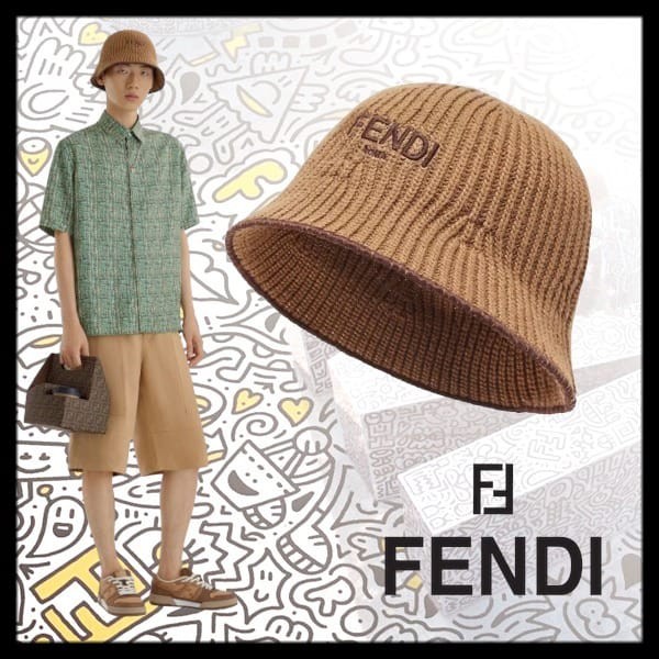 フェンディ バケットハット 偽物 ブラウンコットン リブニット ロゴ FXQ441ARGRF0VAT