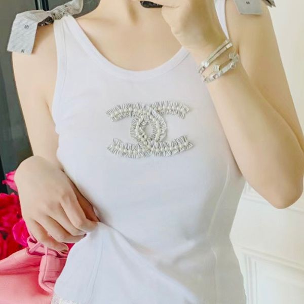 自然で可愛い☆シャネル トップ タンクトップ 偽物リボン【胸元ロゴがポイント♪】03066