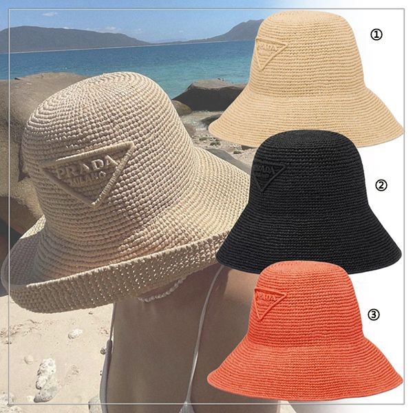 [通販]プラダ◆ラフィア ストローハット 帽子 コピーロゴ付きpd5104