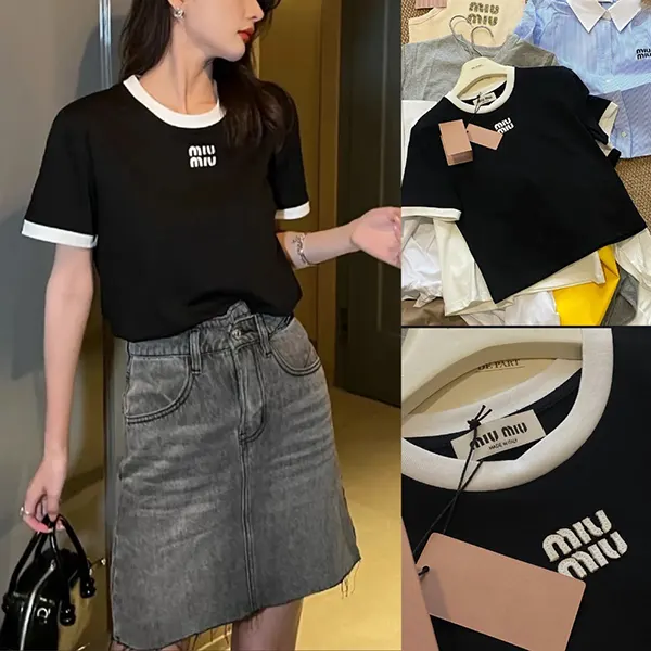 格安ミュウミュウ 刺繍ロゴ入りコットンジャージーTシャツ MJN522