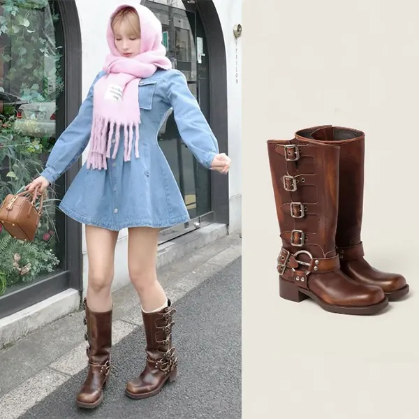 宇野実彩子、三上悠亜 着用 ミュウミュウ バックル レザーブーツ 5cm 5W792D