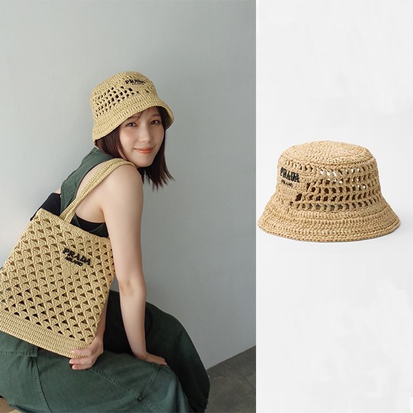 本田翼 着用☆プラダ ハット 偽物☆ラフィア バケットハット 1HC137_2A2T