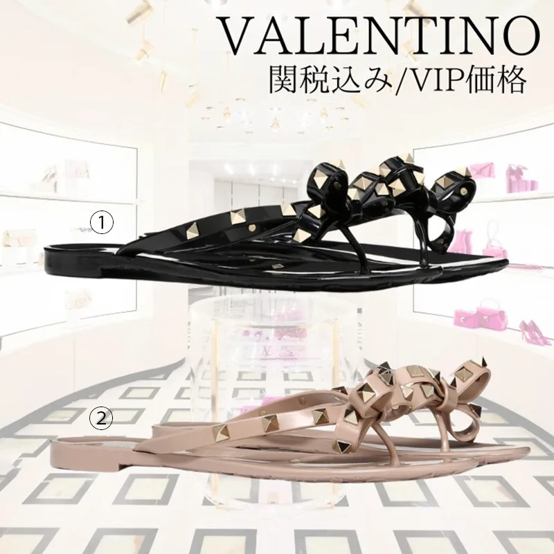 追跡付ヴァレンティノ 偽物 レディース ロックスタッズ ラバー トングサンダル 2色 hl991254