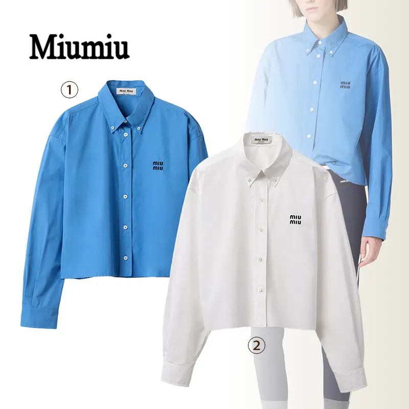 【訳あり特価】ミュウミュウ シャツ 偽物 ボタンダウン ロゴ刺繍 カットオフ 2色 miu5163251