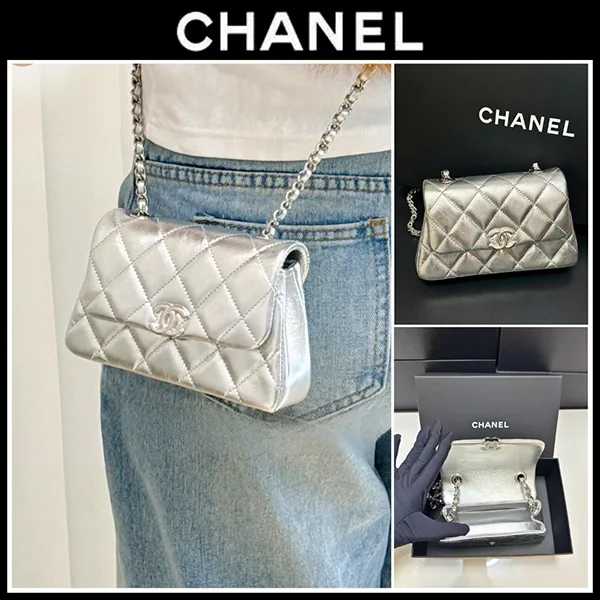 輝くメタリック【シャネル】チェーン付きクラッチバッグ シルバー cc251030